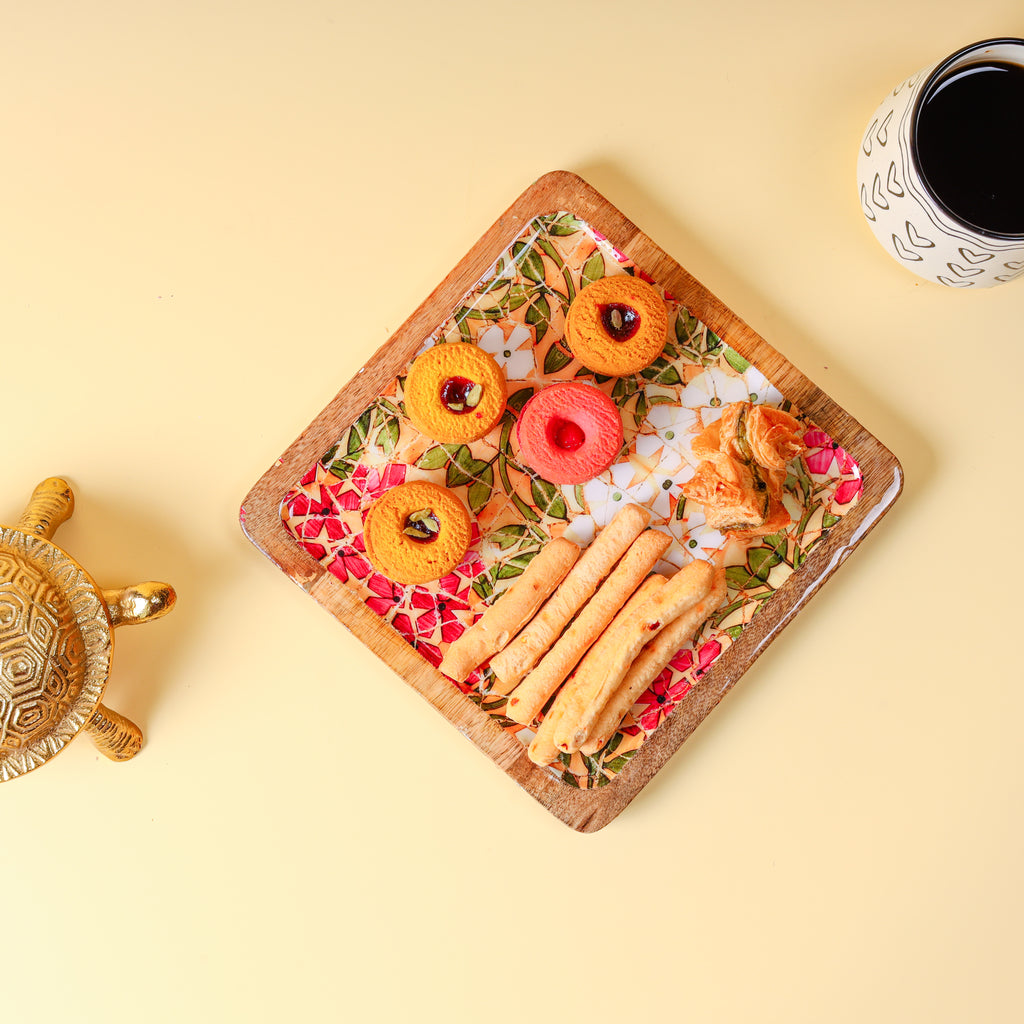 Square Wooden Serving Platter with Floral Decaling | Decorative Snack & Appetizer Serving Tray