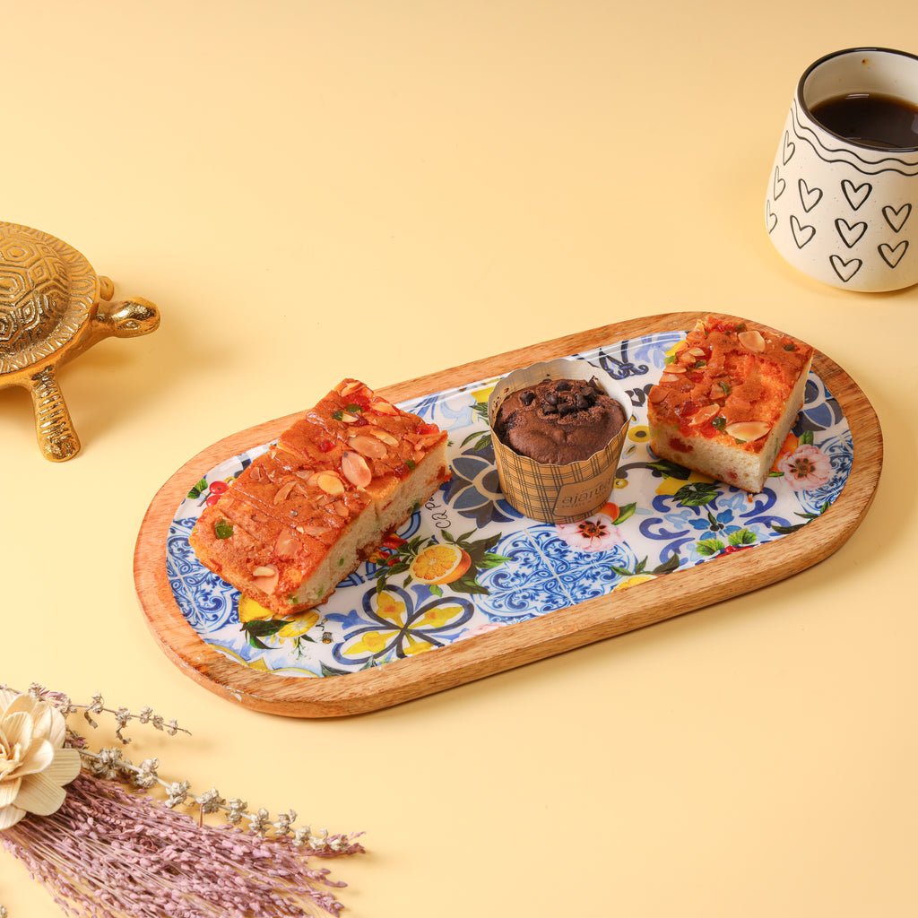 Oval Wooden Serving Platter with Decorative Floral Decaling | Wooden Snack & Appetizer Serving Tray