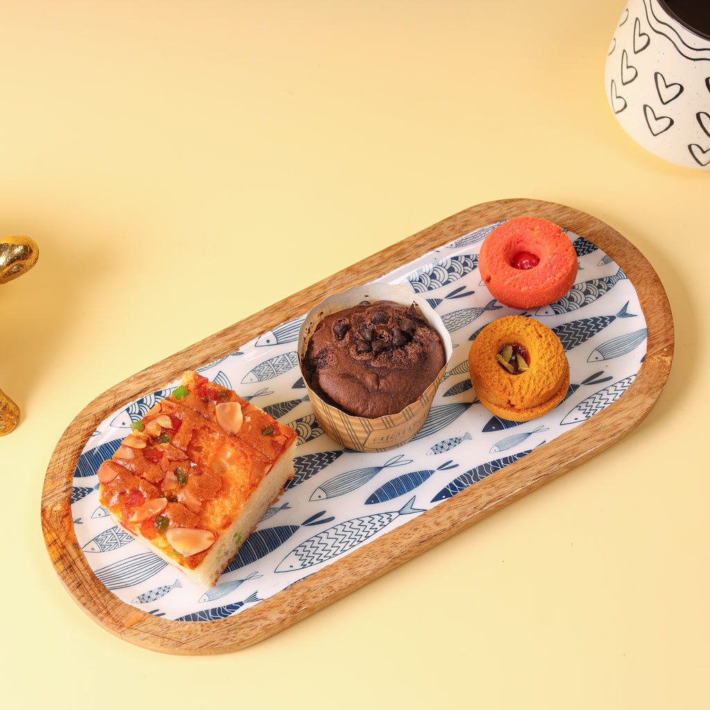 Oval Wooden Serving Platter with Decorative Decaling | Wooden Snack & Appetizer Serving Tray
