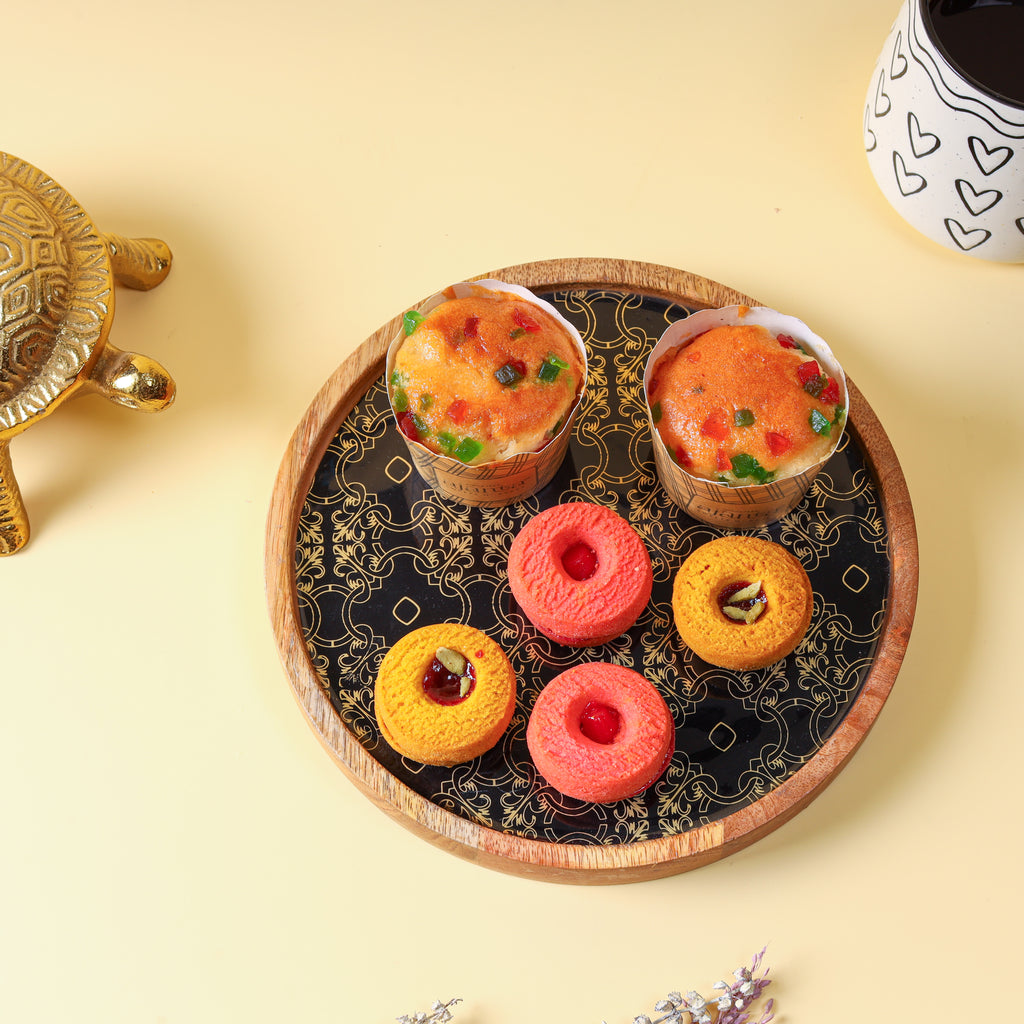Round Wooden Serving Tray with Decorative Decaling | Elegant Snack & Tea Serving Platter