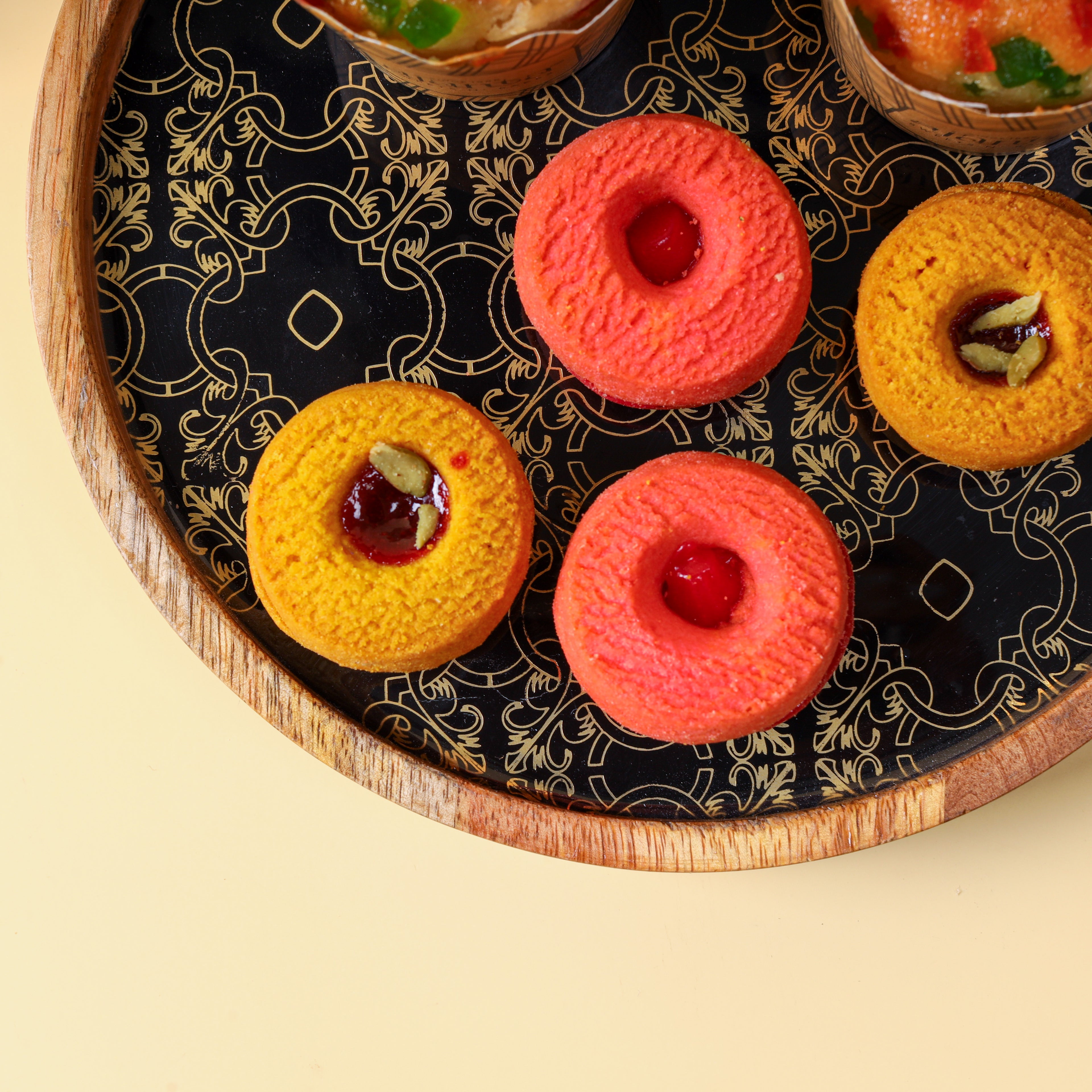 Round Wooden Serving Tray with Decorative Decaling | Elegant Snack & Tea Serving Platter