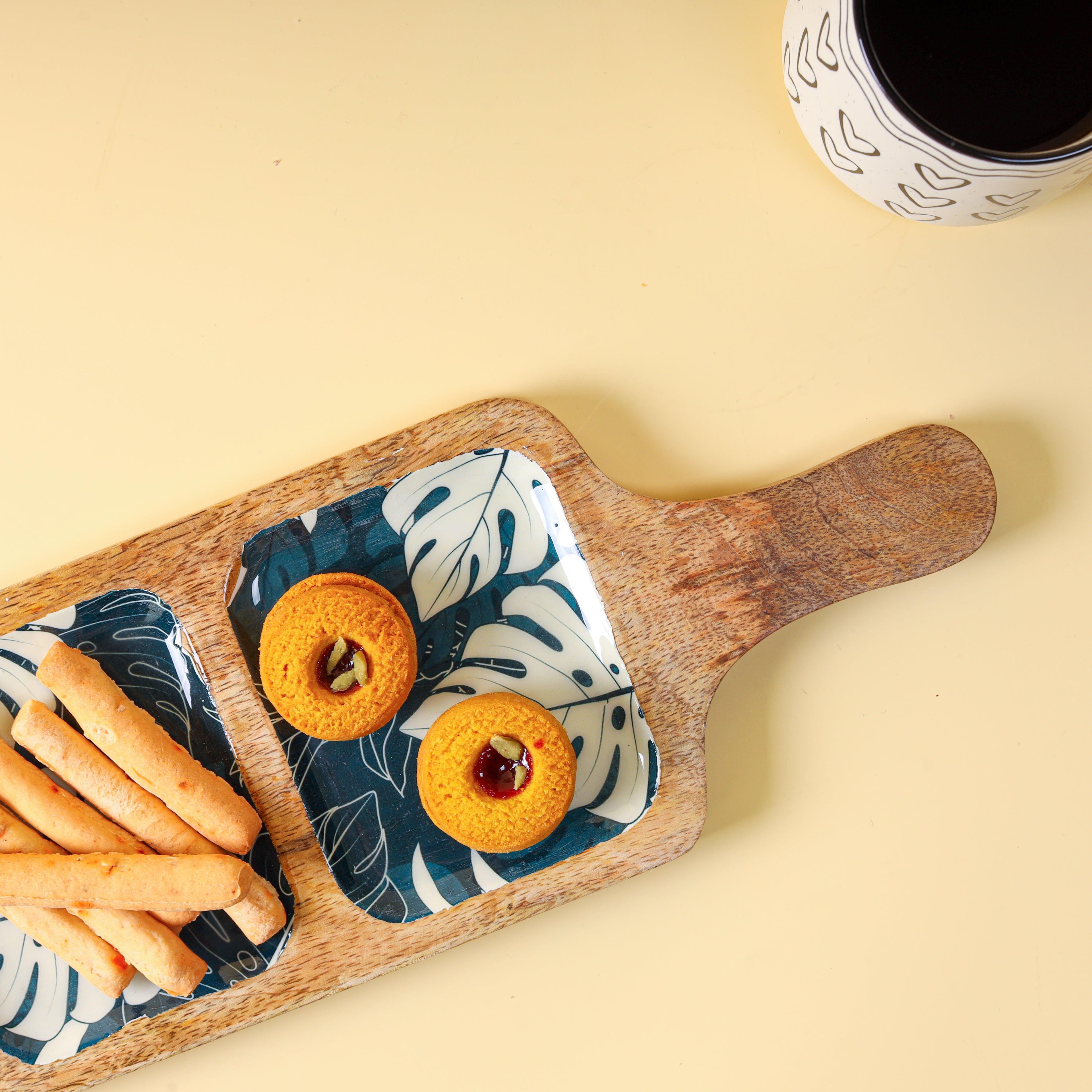 Wooden Platter with 3 Compartments & Decorative Decaling | Handcrafted Snack & Appetizer Serving Platter