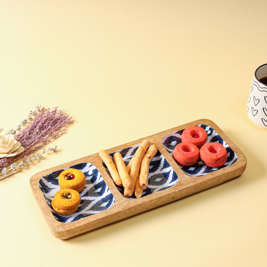 Wooden Serving Tray with Decaling | Snack, Dip & Condiment Serving Set | Decorative Wooden Appetizer Tray