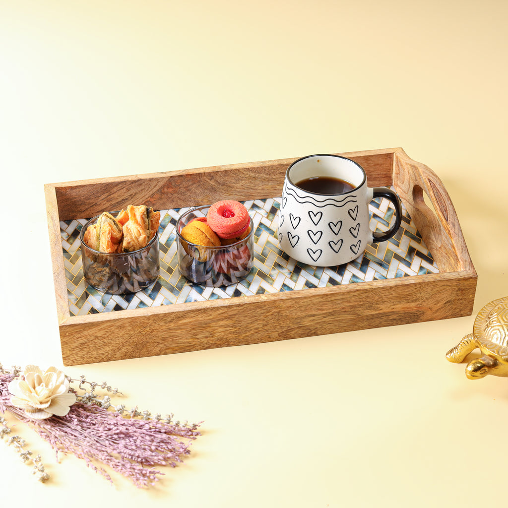 Wooden Serving Tray with Mosaic Decal | Decorative Tea & Coffee Serving Tray with Handles