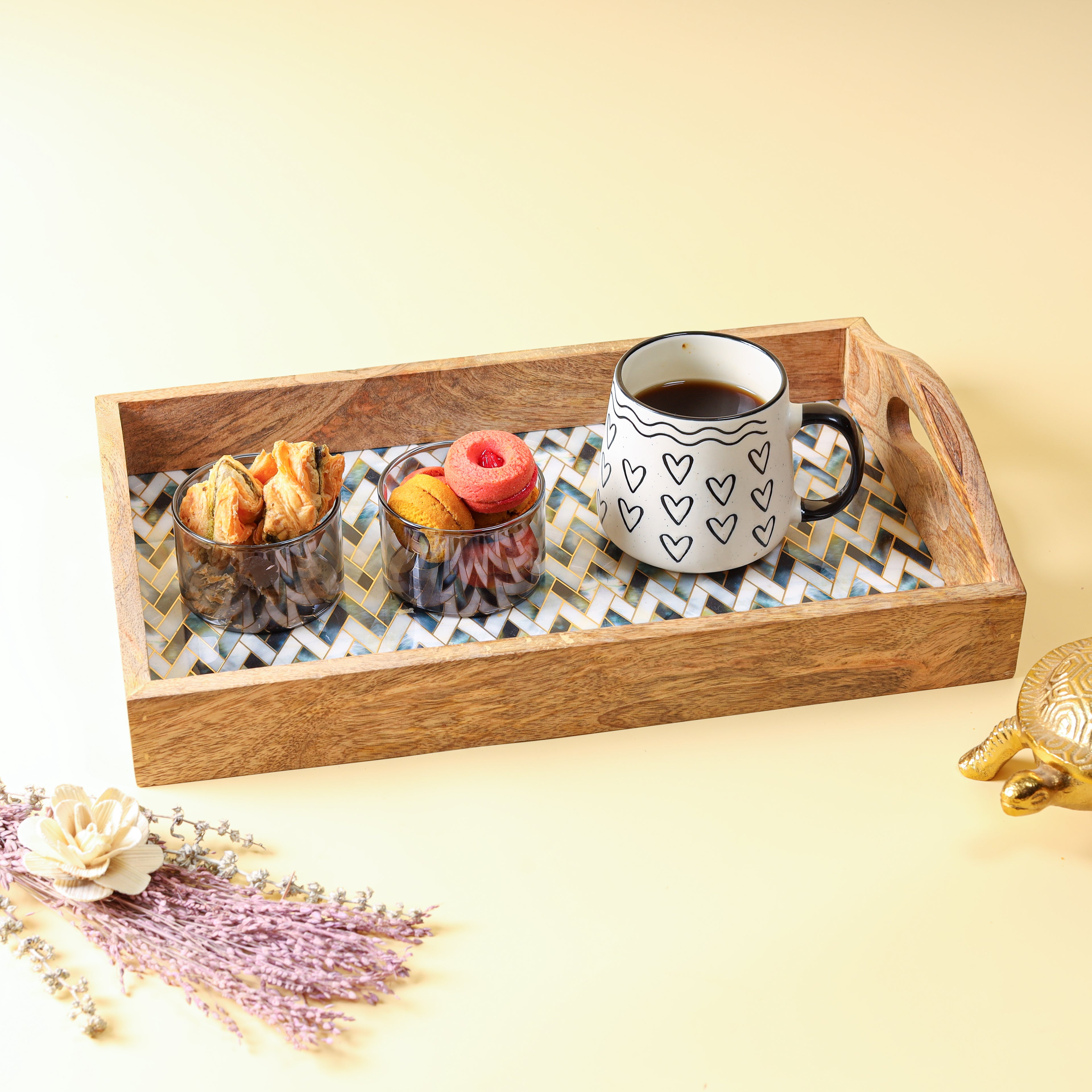 Wooden Serving Tray with Mosaic Decal | Decorative Tea & Coffee Serving Tray with Handles