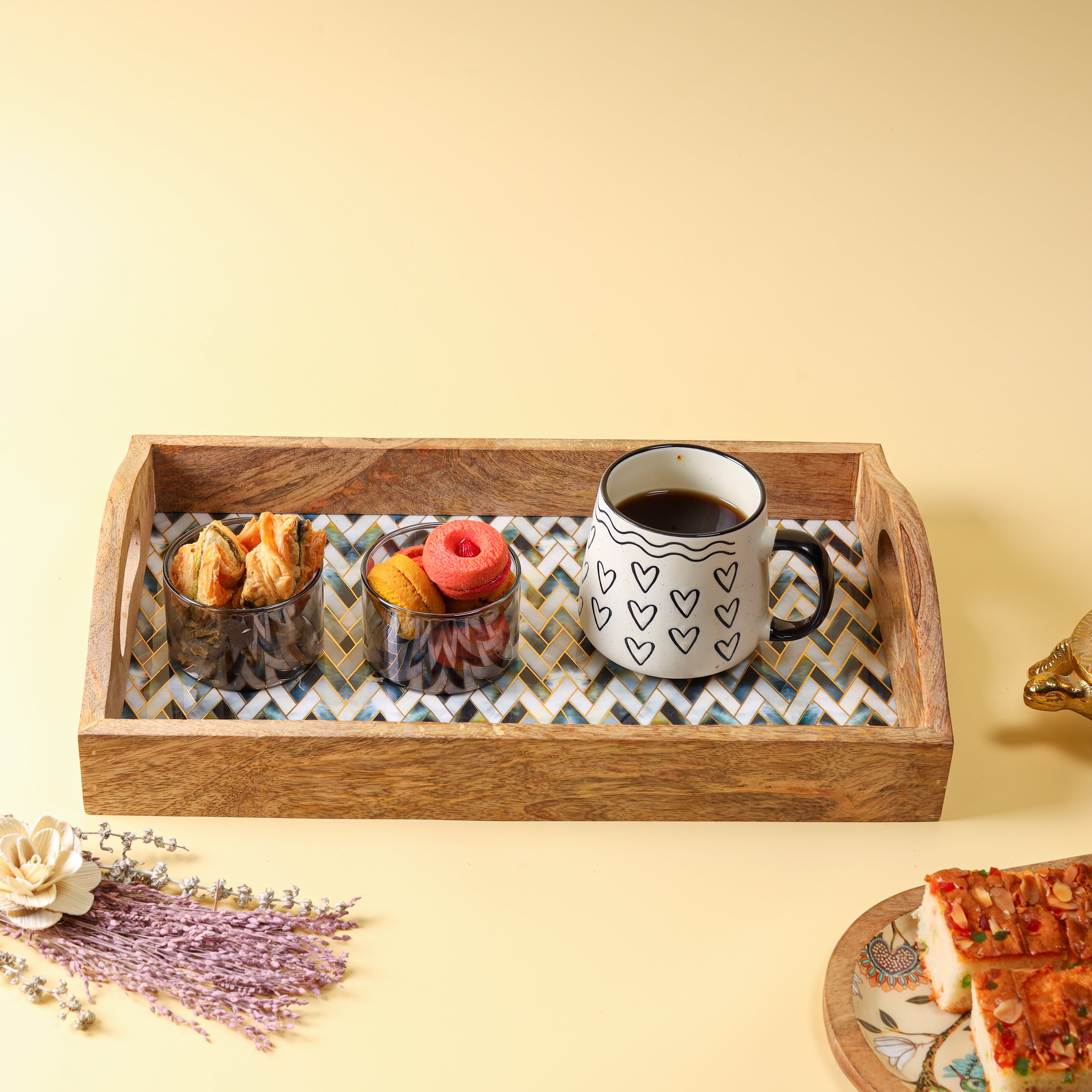 Wooden Serving Tray with Mosaic Decal | Decorative Tea & Coffee Serving Tray with Handles