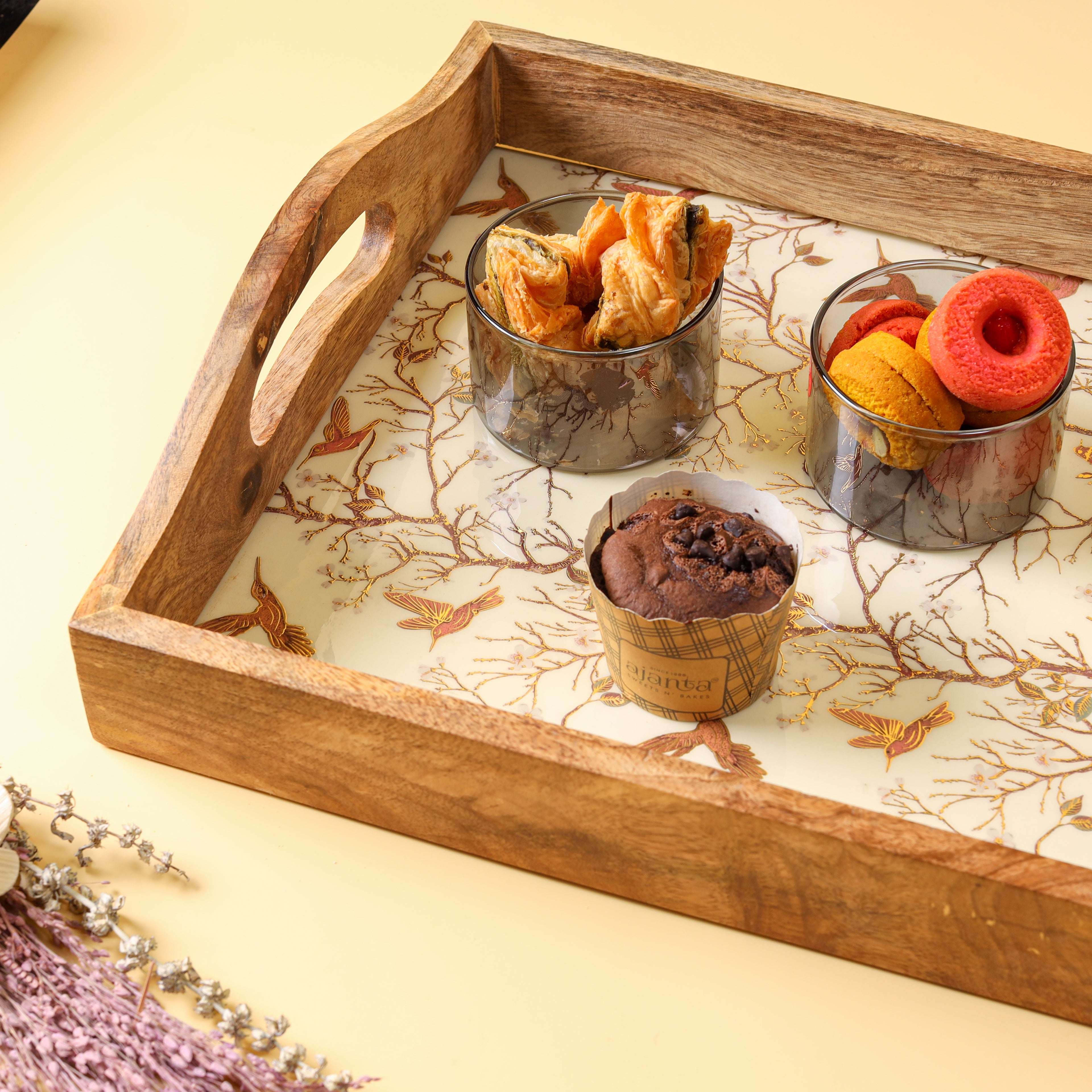 Handcrafted Wooden Serving Tray with Bird Pattern Decal