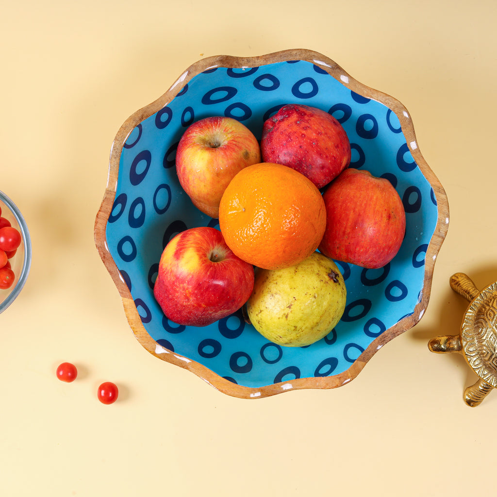 Handcrafted Wooden Bowl with Blue Decal Design | Decorative Serving Bowl