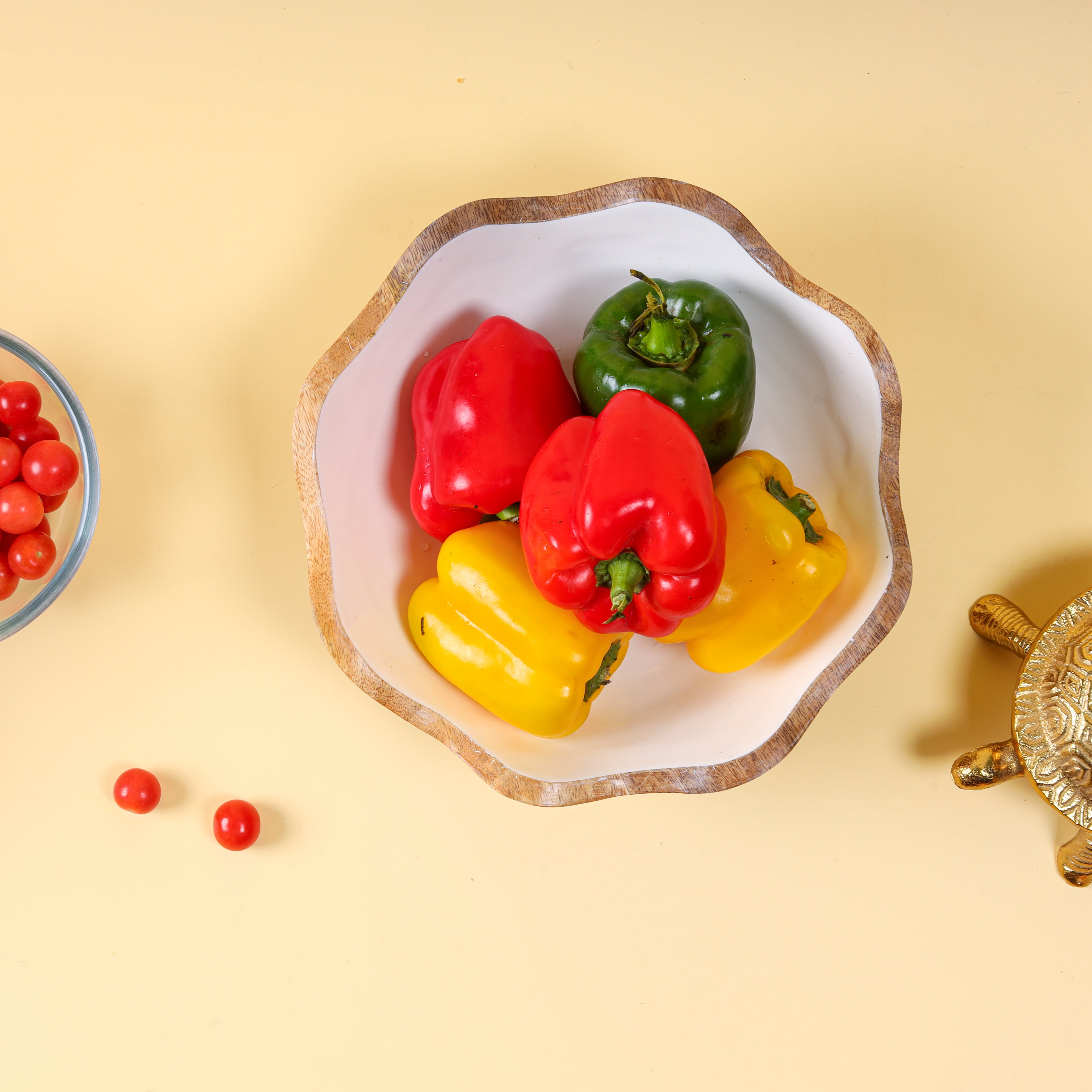 Handcrafted Wooden Bowl with Decorative Decaling | Scalloped Serving & Fruit Bowl