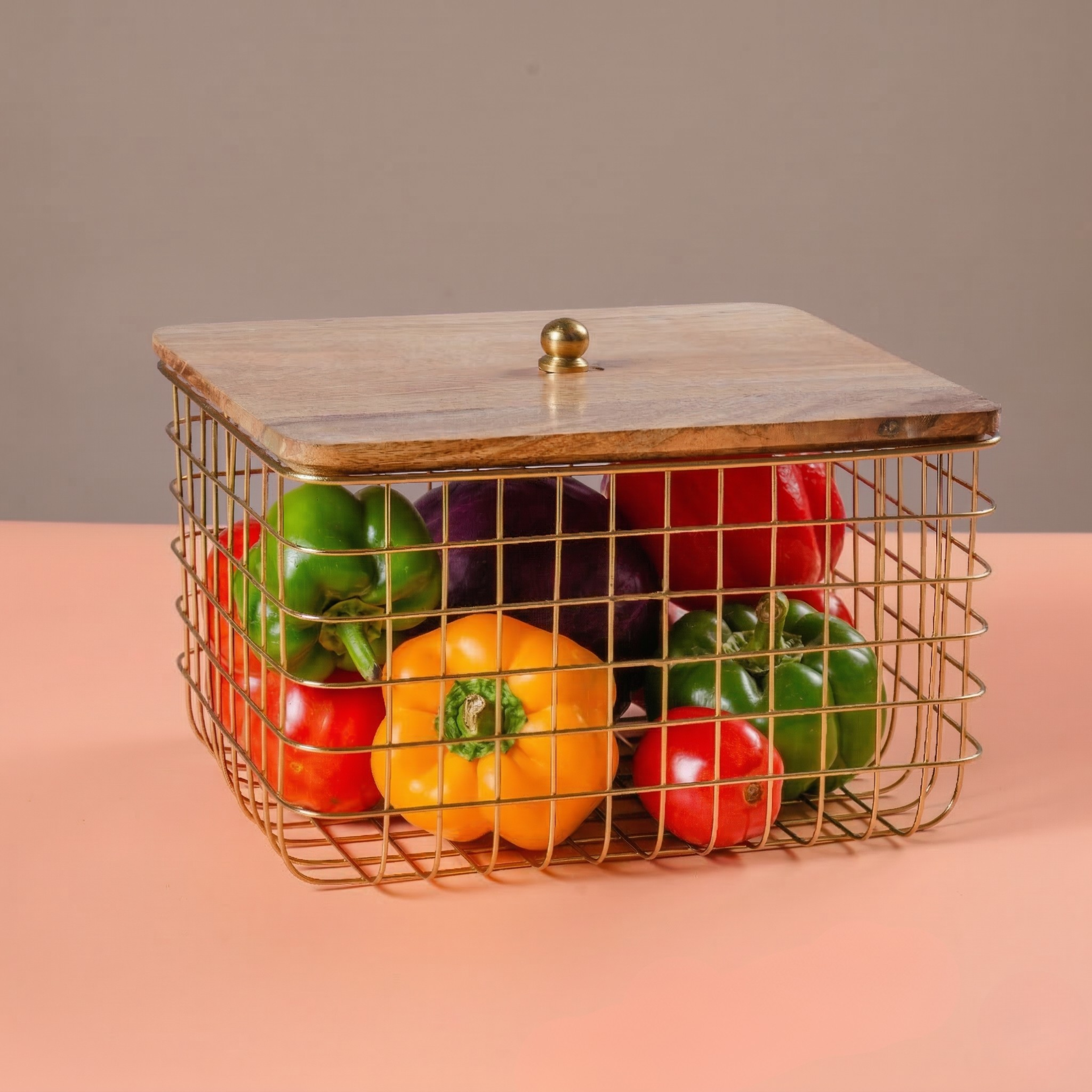 Gold Plated Wire Storage Basket With Wooden Top Lid Vegetable Holder | Kitchen Counter Fruit & Vegetable Basket