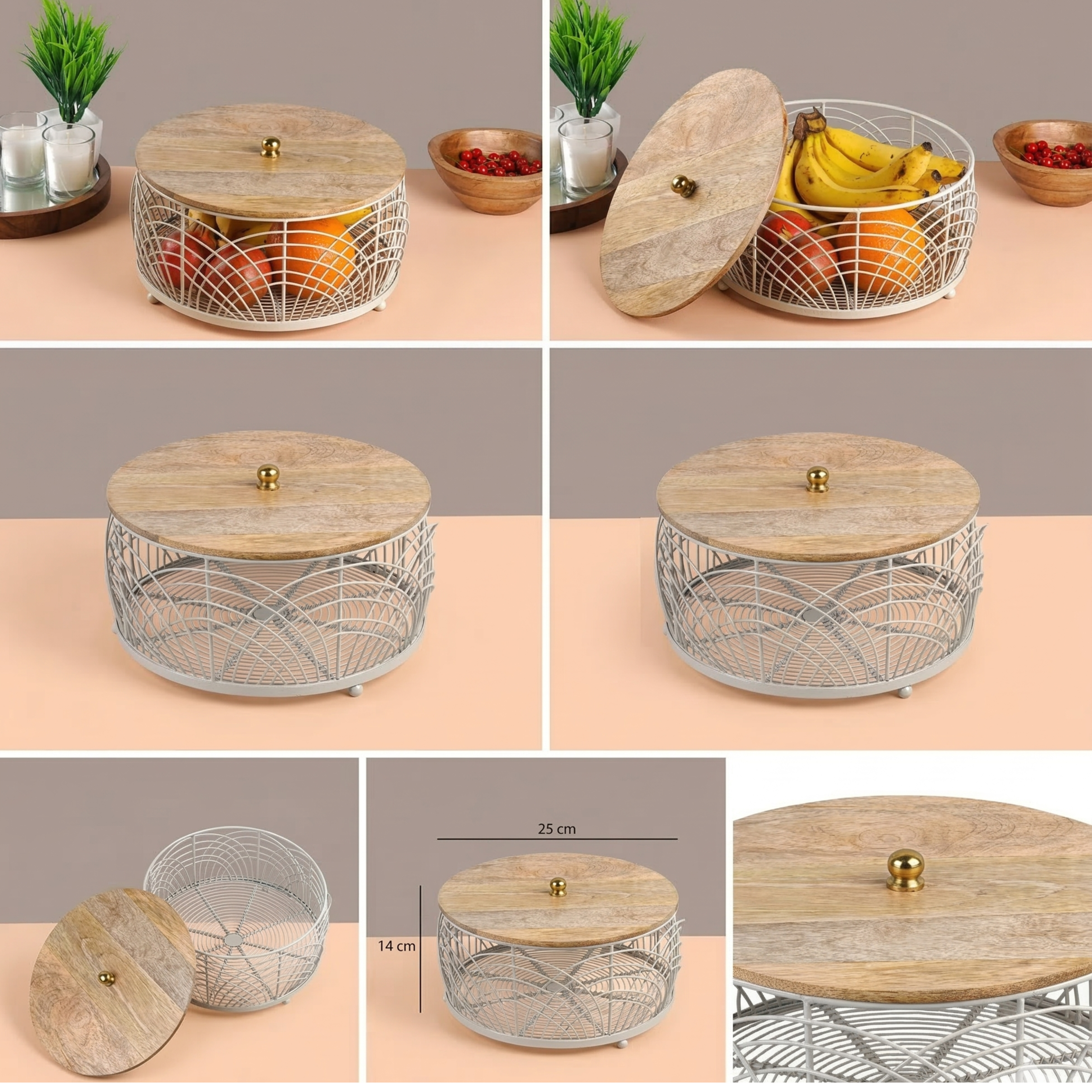 Decorative Metal Fruit Basket with Wooden Lid – Kitchen Countertop Storage Organizer