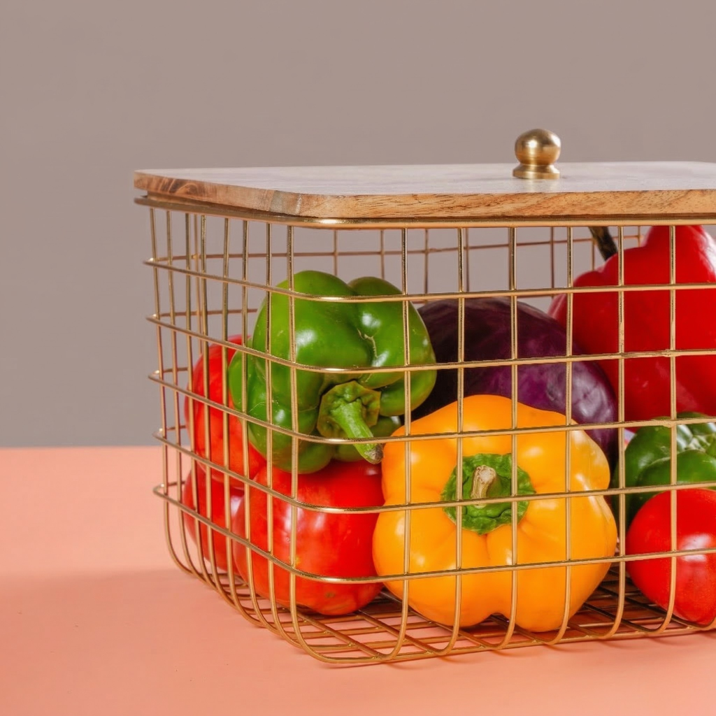 Gold Plated Wire Storage Basket With Wooden Top Lid Vegetable Holder | Kitchen Counter Fruit & Vegetable Basket