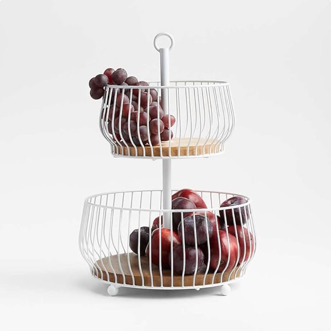 Double Layer Fruit Basket Stand | Metal Fruit Holder with Wooden Base