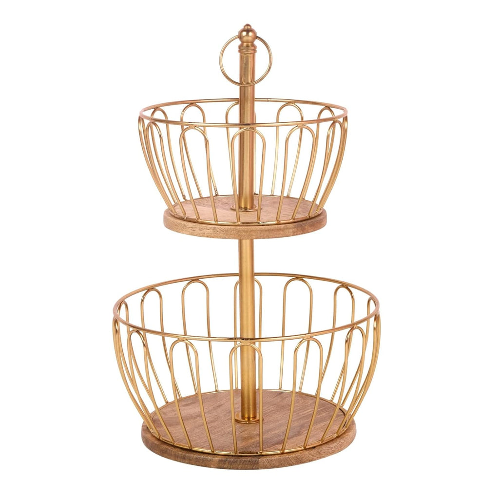 Two-Tier Gold Metal Fruit Basket Stand with Wooden Base | Kitchen Counter Organizer