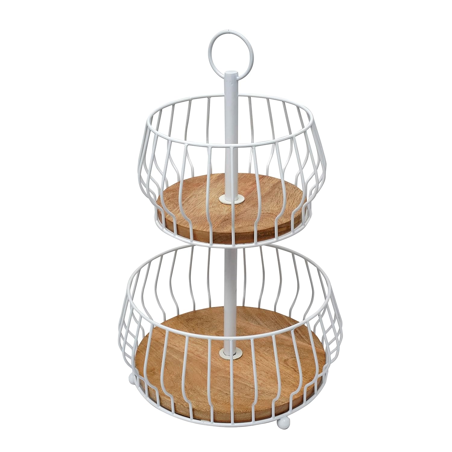 Double Layer Fruit Basket Stand | Metal Fruit Holder with Wooden Base