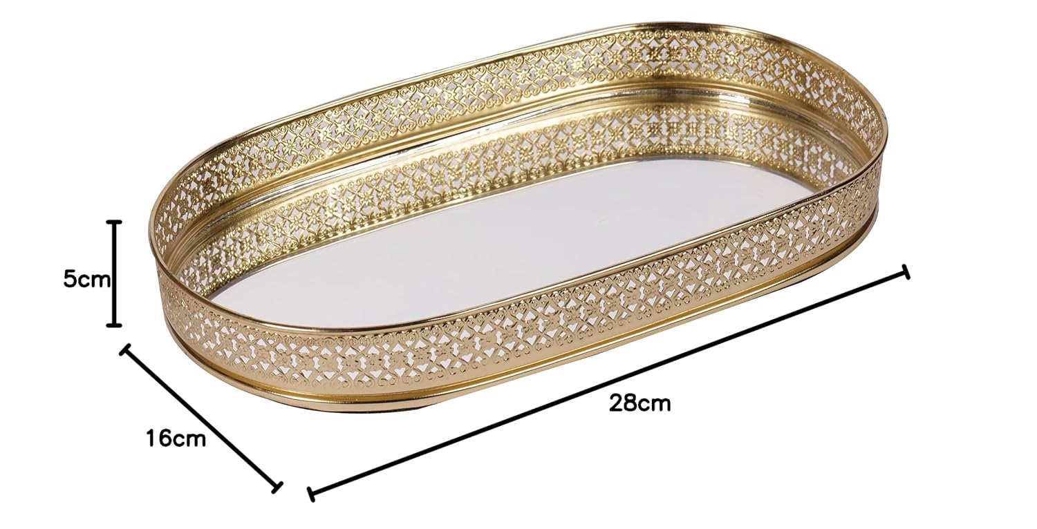 Decorative Gold Metal Vanity Tray | Oval Makeup & Perfume Organizer