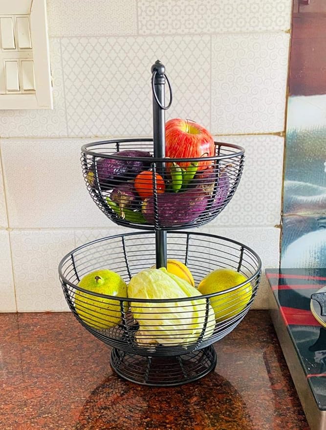 Two-Tier Black Metal Fruit Basket Stand | Kitchen Organizer