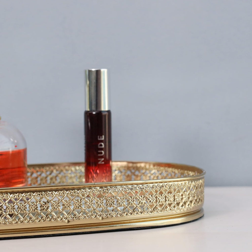 Decorative Gold Metal Vanity Tray | Oval Makeup & Perfume Organizer