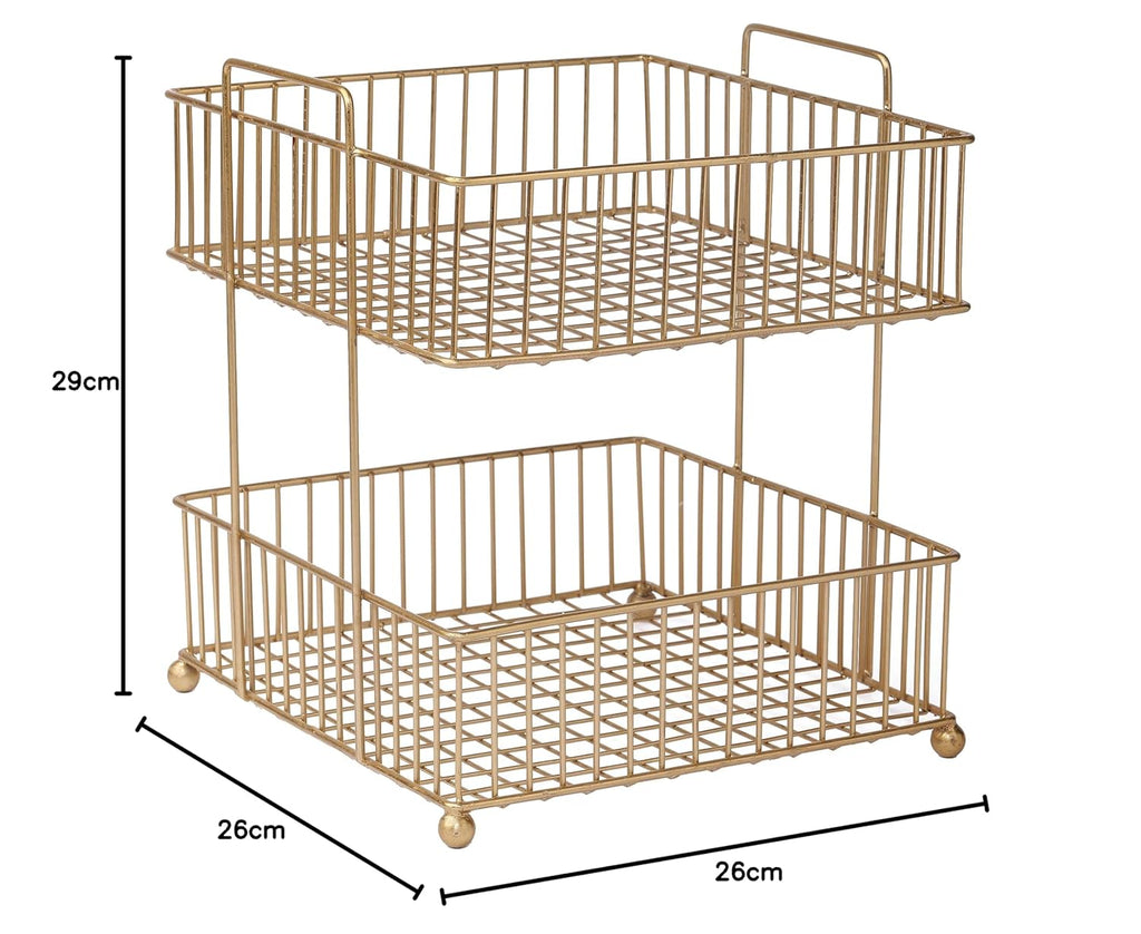 Two-Tier Gold Metal Wire Storage Basket | Kitchen Counter Fruit & Vegetable Organizer