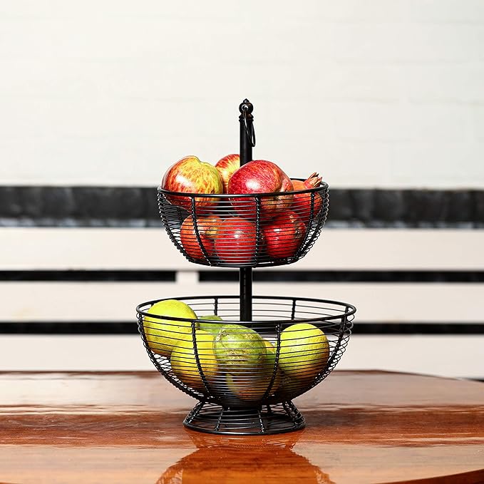 Two-Tier Black Metal Fruit Basket Stand | Kitchen Organizer
