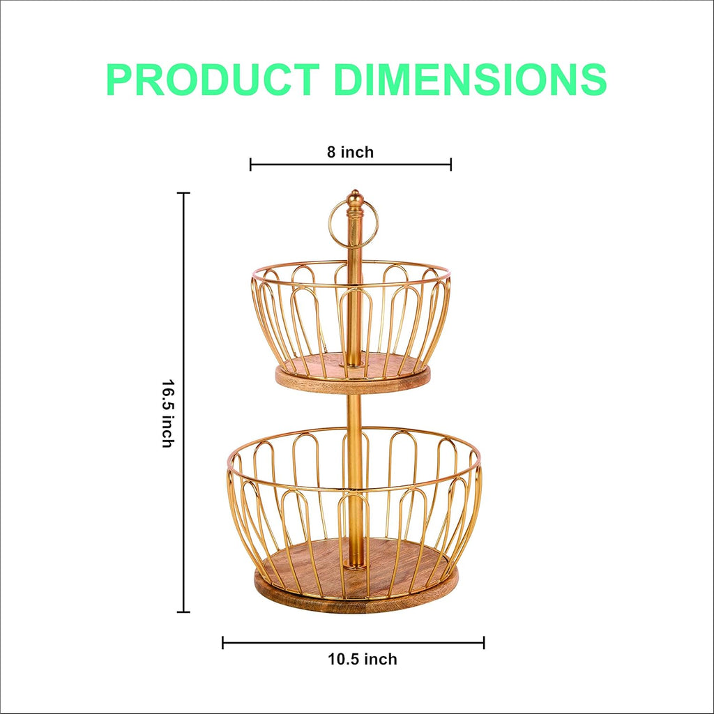Two-Tier Gold Metal Fruit Basket Stand with Wooden Base | Kitchen Counter Organizer