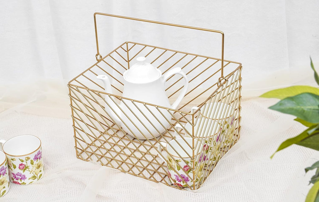 Decorative Gold Storage Basket | Metal Wire Shelf Organizer
