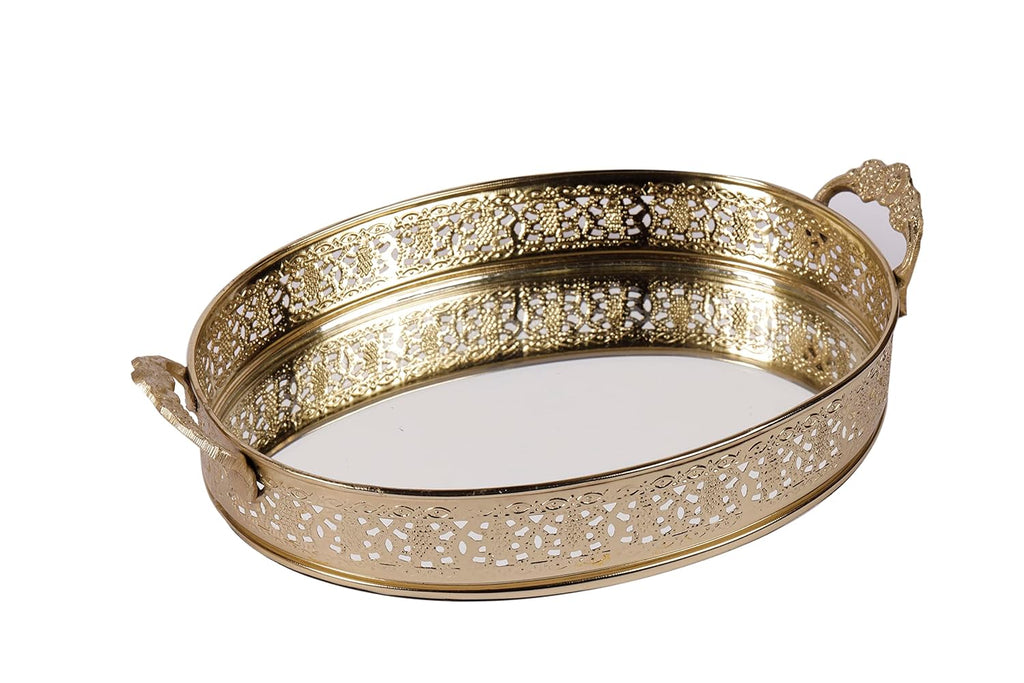Decorative Gold Mirror Tray with Handles | Oval Vanity & Serving Tray