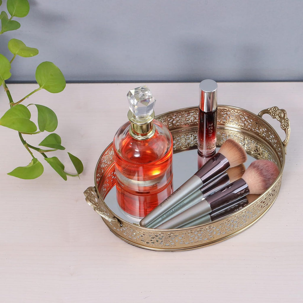 Decorative Gold Mirror Tray with Handles | Oval Vanity & Serving Tray