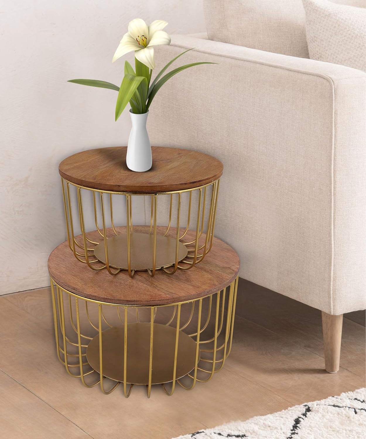 Round Nesting Side Table Set | Modern Metal Wire Accent Tables with Wooden Top