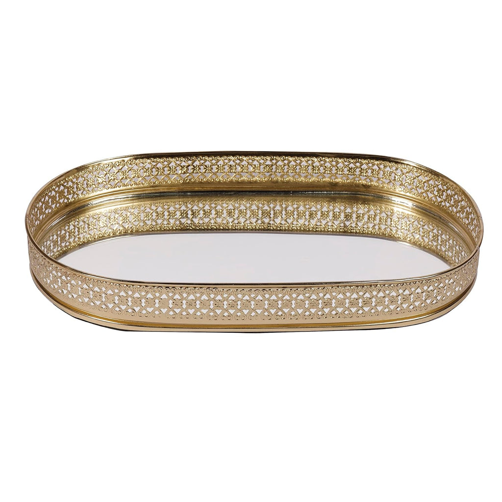 Decorative Gold Metal Vanity Tray | Oval Makeup & Perfume Organizer