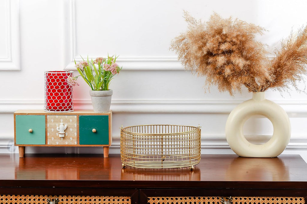Decorative Metal Storage Basket | Countertop Organizer with Handles