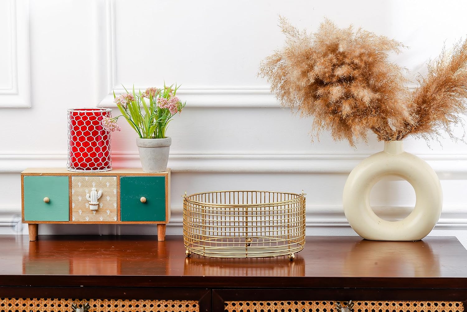 Decorative Metal Storage Basket | Countertop Organizer with Handles