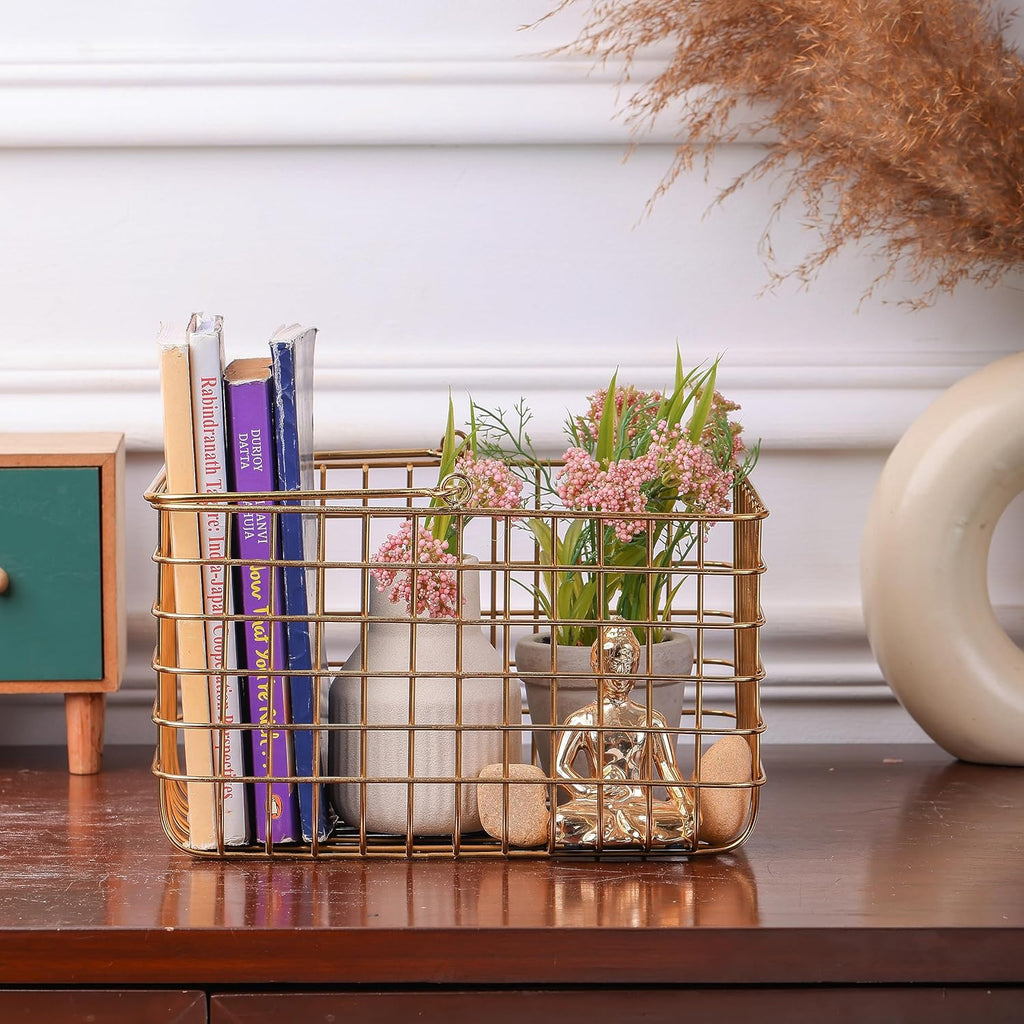 Gold Metal Wire Storage Basket | Decorative Home Organizer