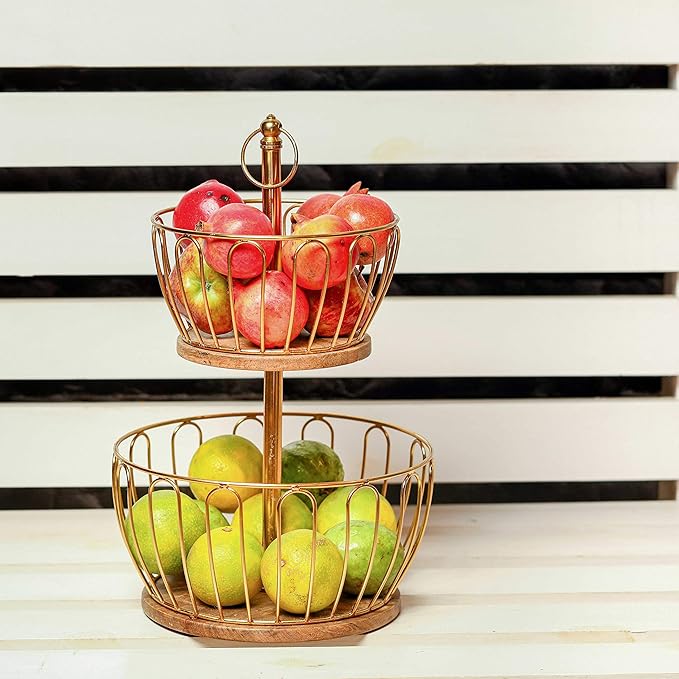 Two-Tier Gold Metal Fruit Basket Stand with Wooden Base | Kitchen Counter Organizer
