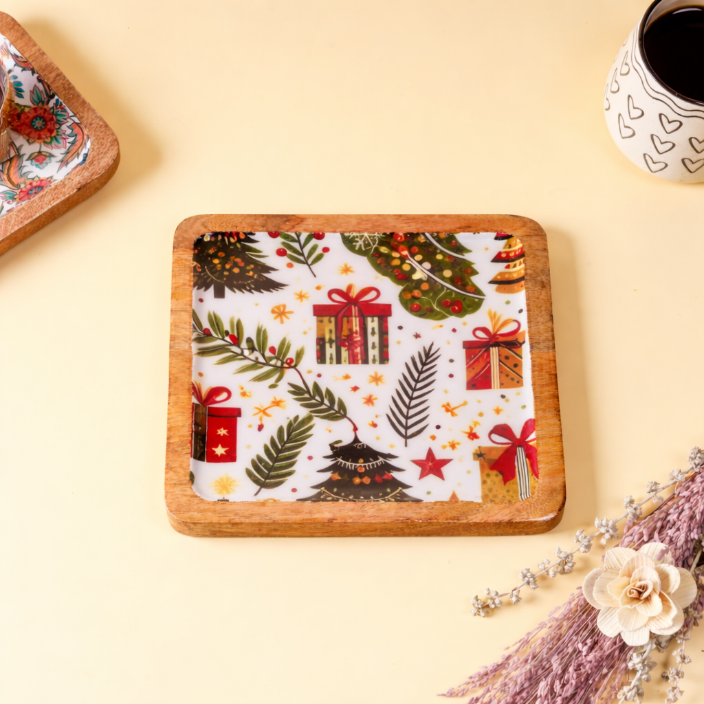 Christmas Theme Wooden Serving Tray | Festive Decorative Tray
