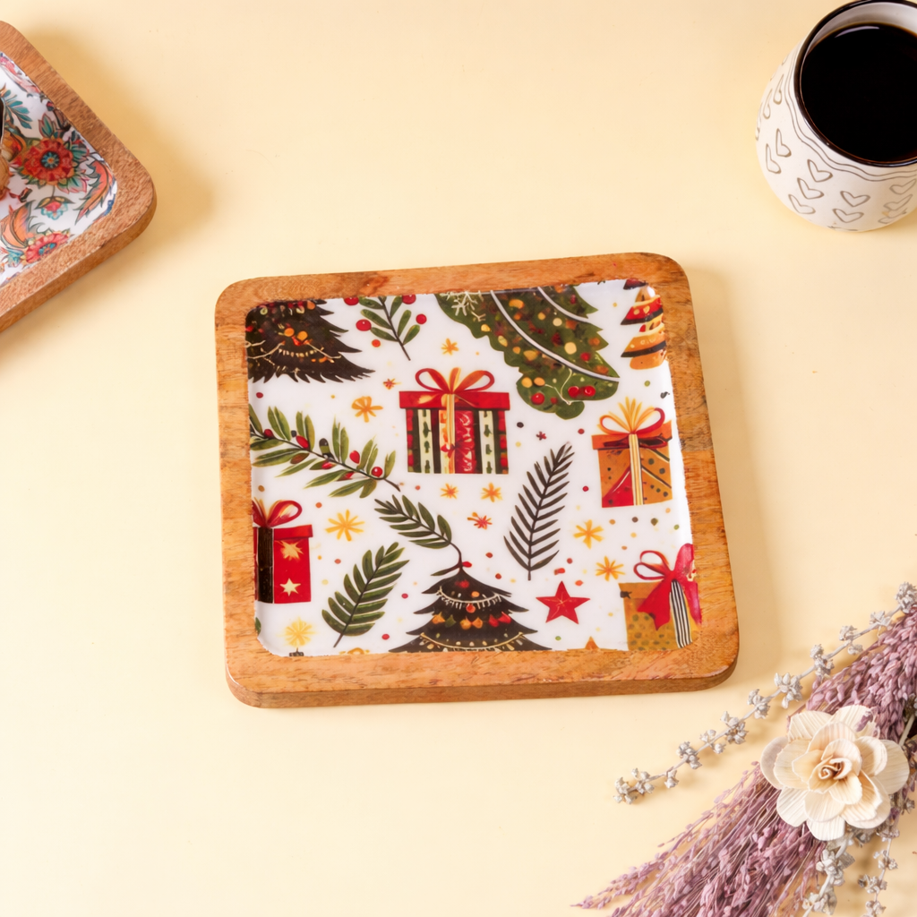 Christmas Theme Wooden Serving Tray | Festive Decorative Tray