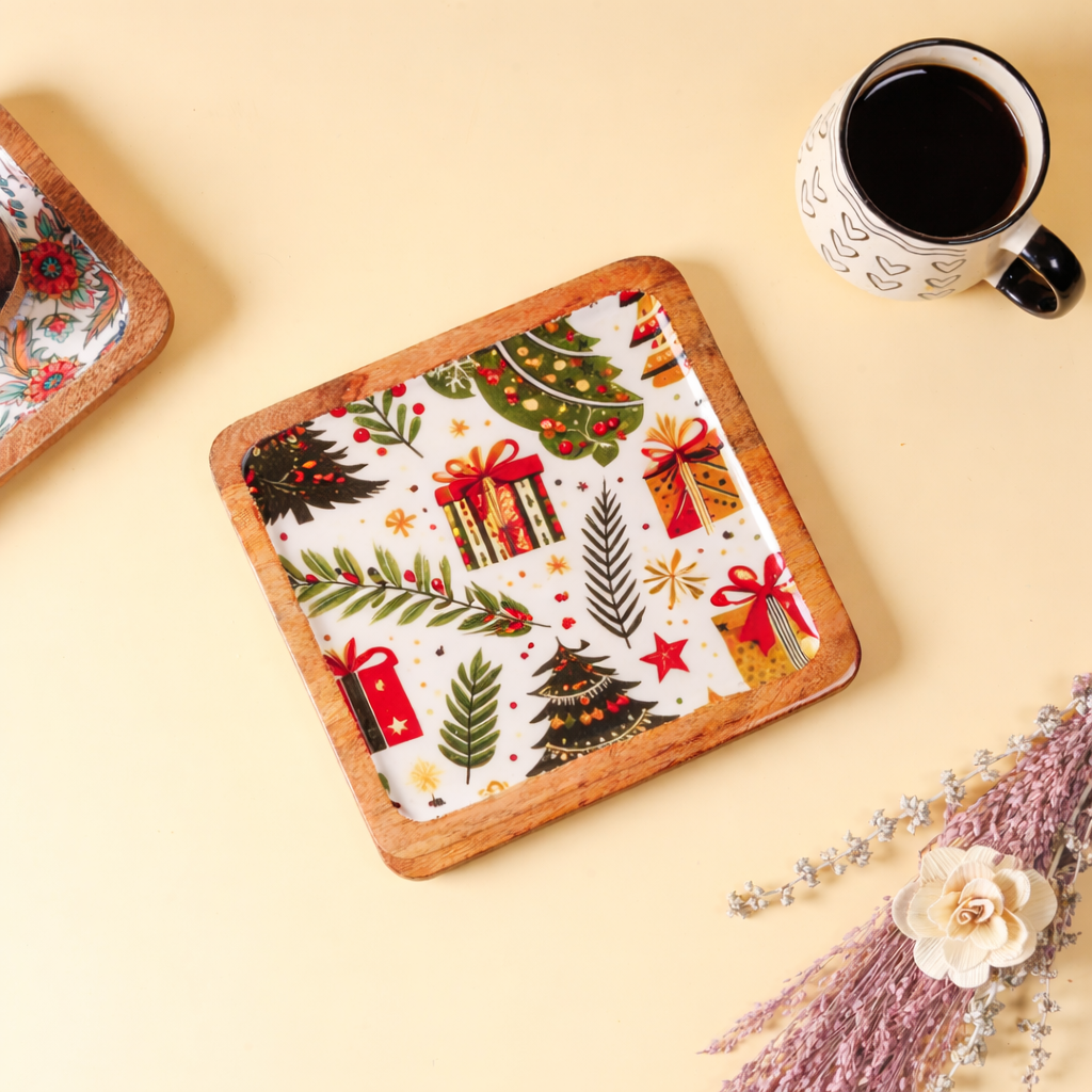 Christmas Theme Wooden Serving Tray | Festive Decorative Tray