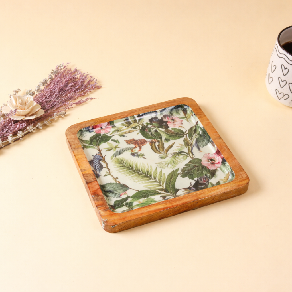 Jungle Theme Wooden Serving Tray | Tropical Decorative Snack Tray