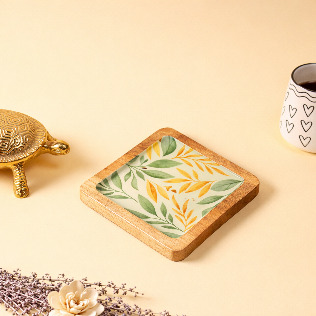 Botanical Leaf Wooden Coaster with Decal Design | Decorative Square Drink Coaster for Coffee & Tea Cups