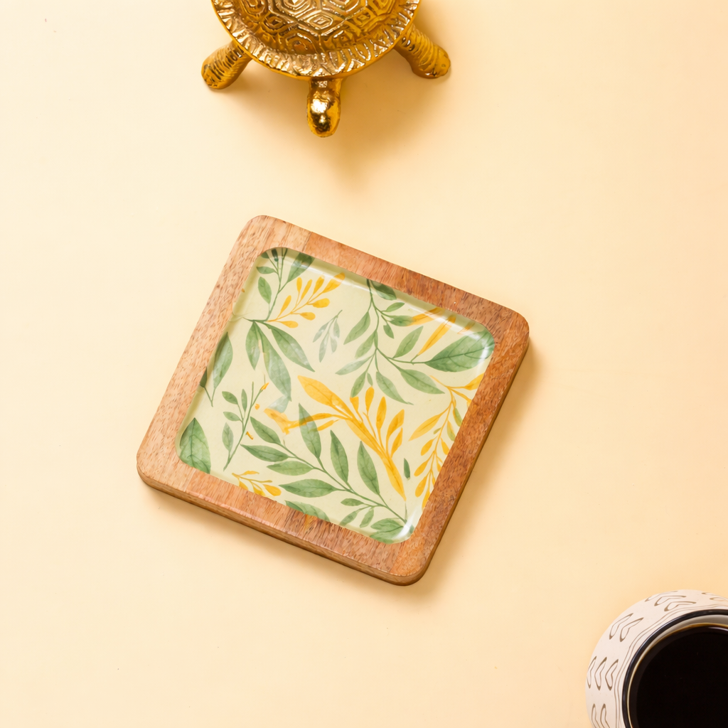 Botanical Leaf Wooden Coaster with Decal Design | Decorative Square Drink Coaster for Coffee & Tea Cups