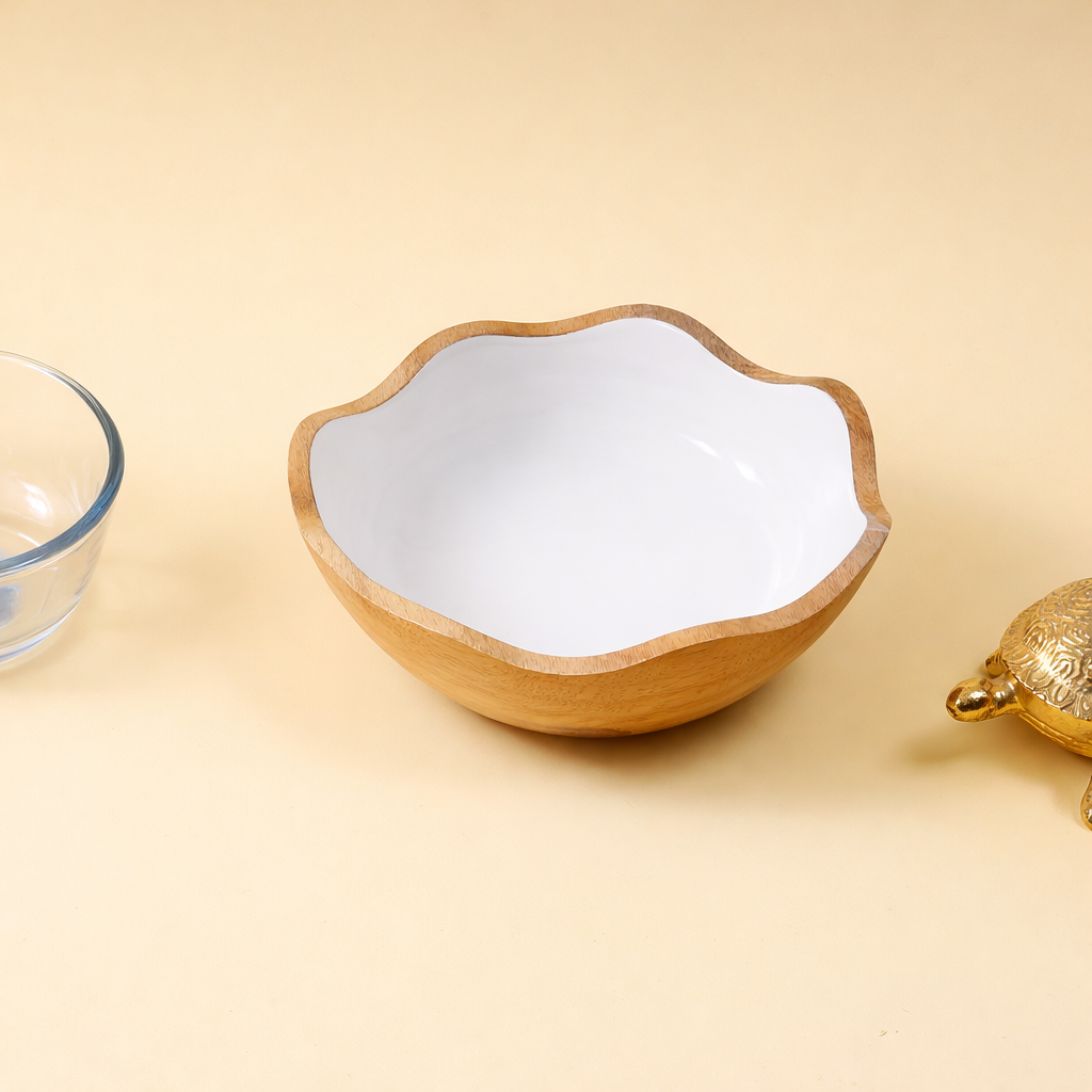 Handcrafted Wooden Bowl with Decorative Decaling | Scalloped Serving & Fruit Bowl