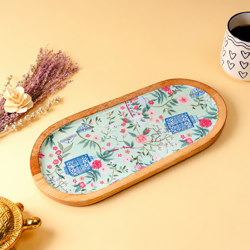 Floral Decal Wooden Serving Tray | Handcrafted Decorative Serving Platter