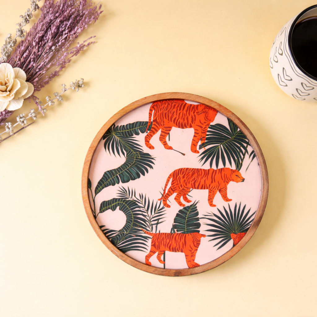 Round Wooden Platter with Jungle Decaling | Decorative Snack & Serving Platter | Handcrafted Wooden Tableware
