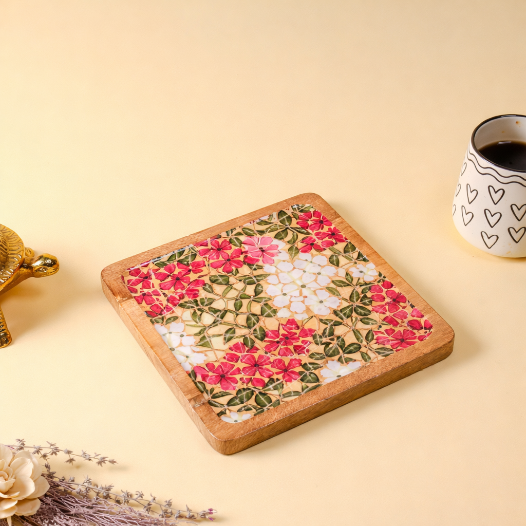 Square Wooden Serving Platter with Floral Decaling | Decorative Snack & Appetizer Serving Tray