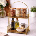 Two-Tier Gold Metal Storage Basket Stand | Countertop Organizer with Wooden Shelves