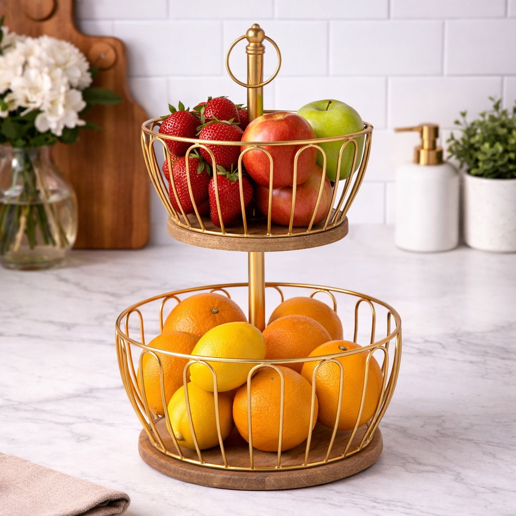 Two-Tier Gold Metal Fruit Basket Stand with Wooden Base | Kitchen Counter Organizer