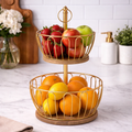 Two-Tier Gold Metal Fruit Basket Stand with Wooden Base | Kitchen Counter Organizer