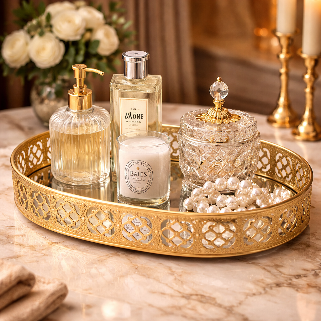 Oval Gold Mirror Vanity Tray | Decorative Makeup & Perfume Organizer