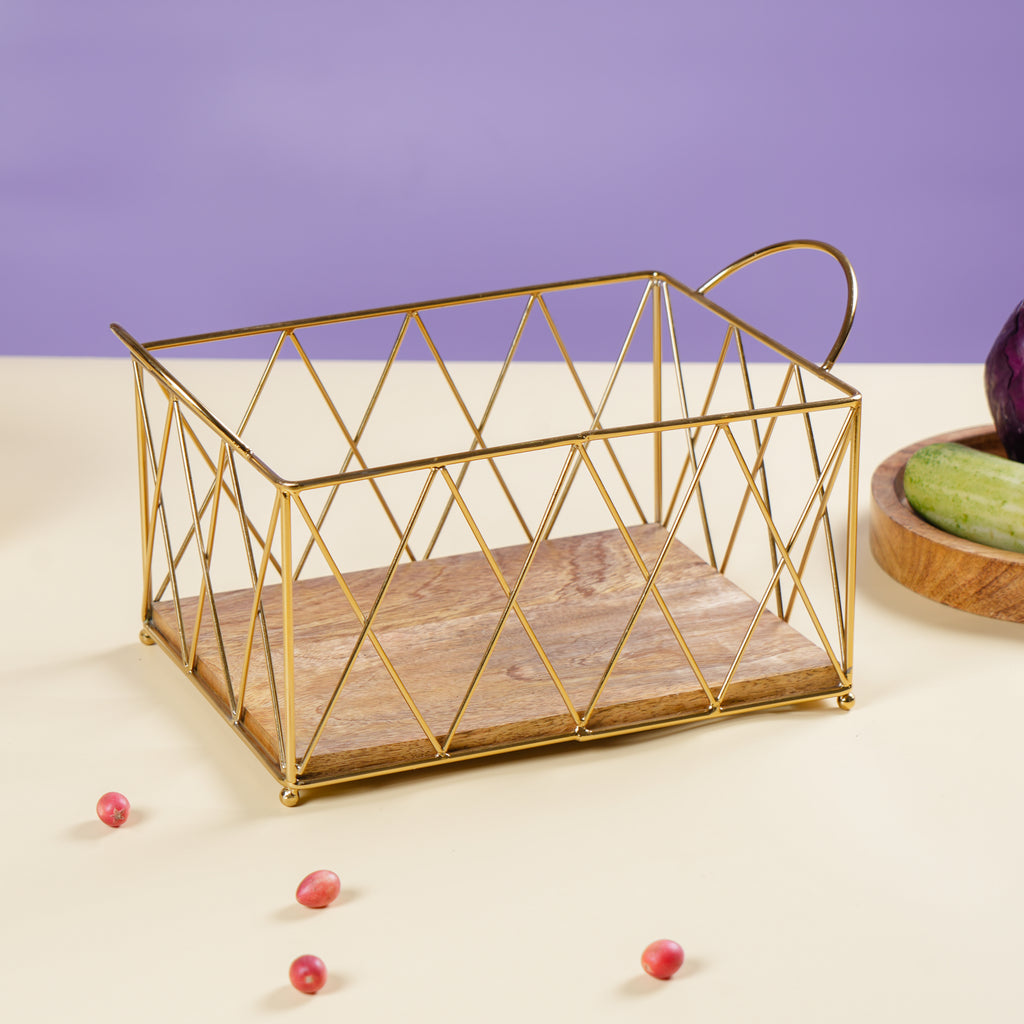 Decorative Gold Storage Basket with Handles | Multipurpose Kitchen Organizer