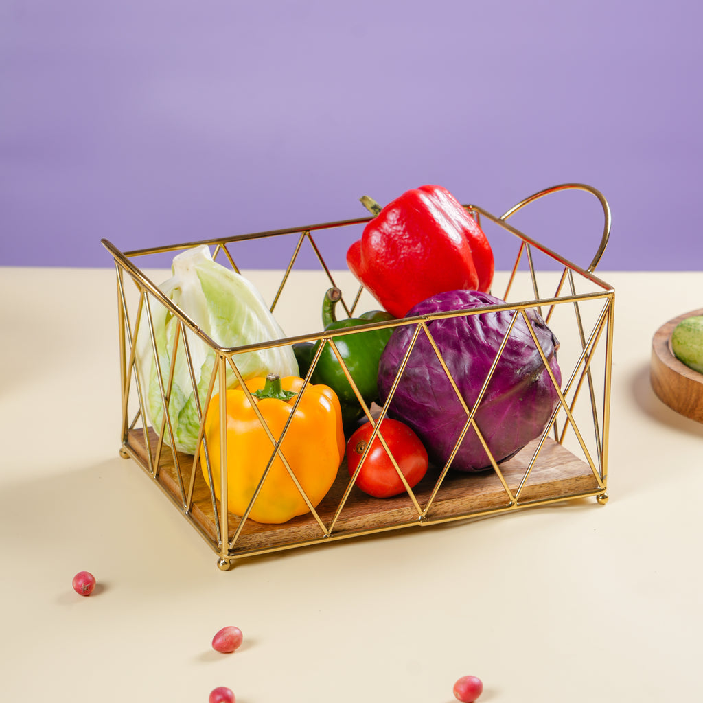 Decorative Gold Storage Basket with Handles | Multipurpose Kitchen Organizer